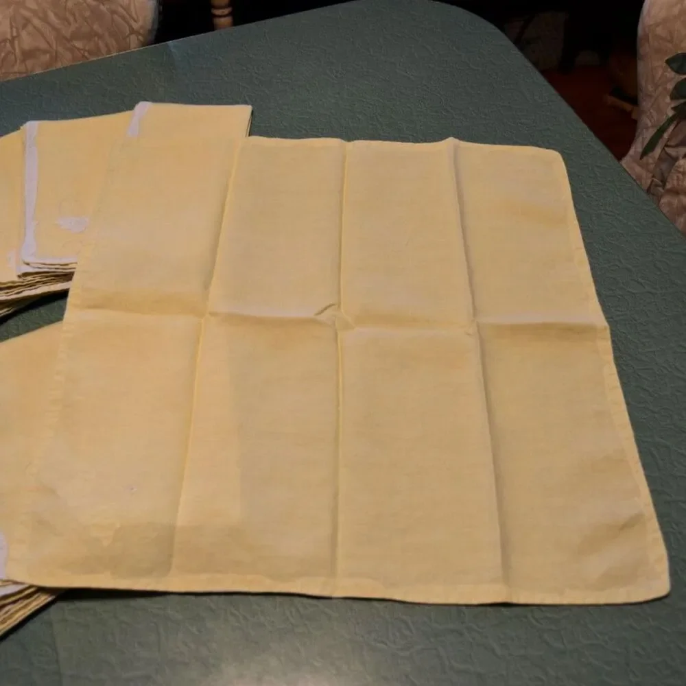 Vintage 50s Yellow Embroidered Ivy Luncheon Napkin Set 9 Satin Edge Mid Century